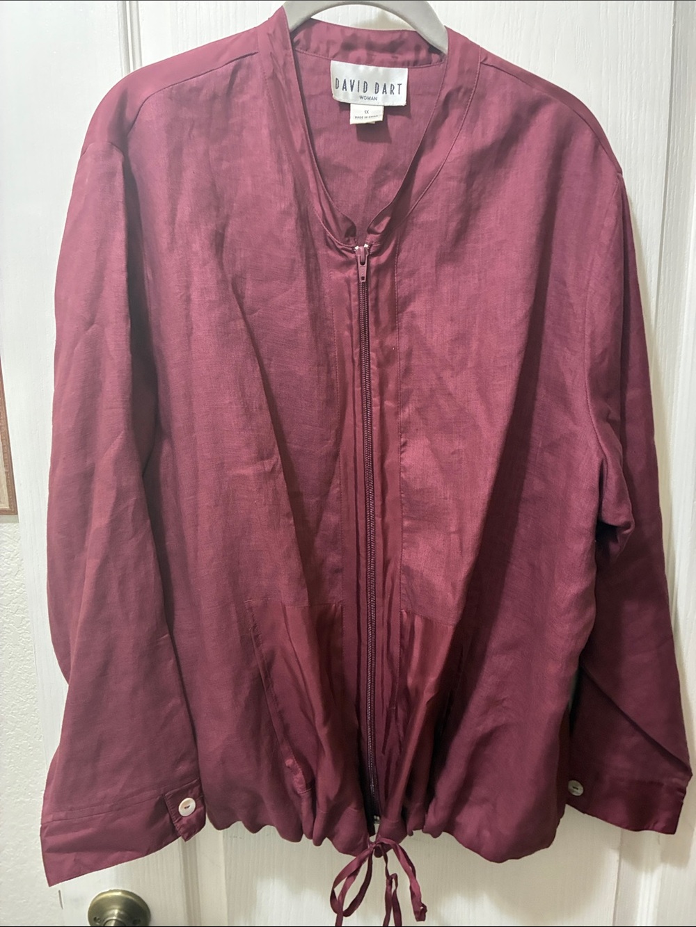 Women's Burgundy Zip-Front Lightweight Jacket linen and silk. David Dart Women
